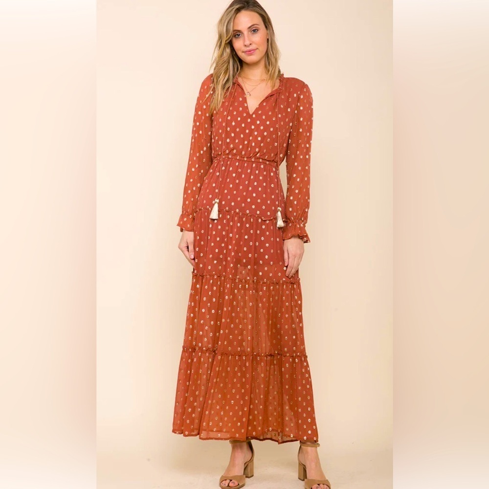 NWT! RAGA Elle Tiered Maxi Dress with Gold Shimmer Polka Dots Size XS